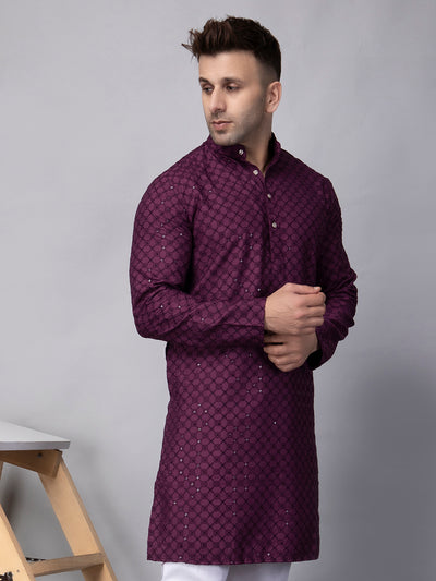 Hangup Men's Ethnic Embroidered purple Kurta