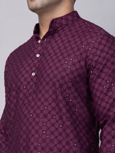 Hangup Men's Ethnic Embroidered purple Kurta