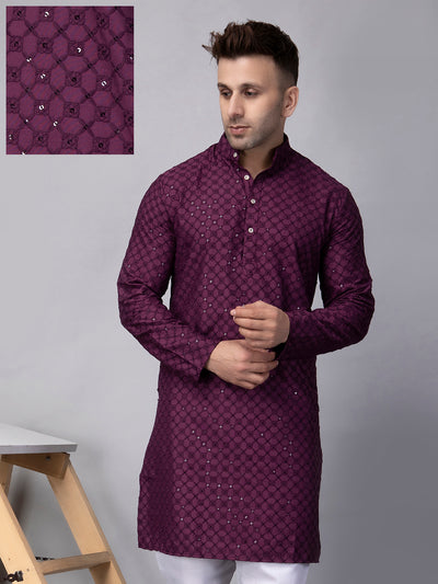 Hangup Men's Ethnic Embroidered purple Kurta