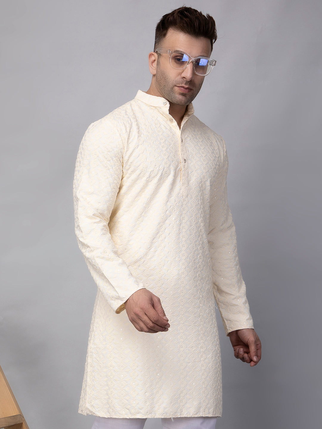 Hangup Men's Ethnic Embroidered off white Kurta