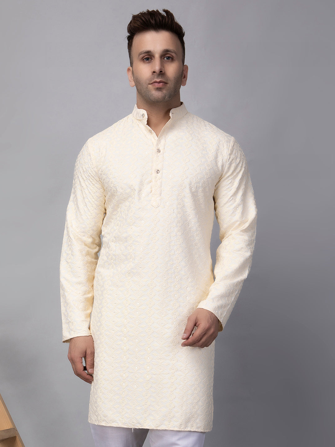 Hangup Men's Ethnic Embroidered off white Kurta