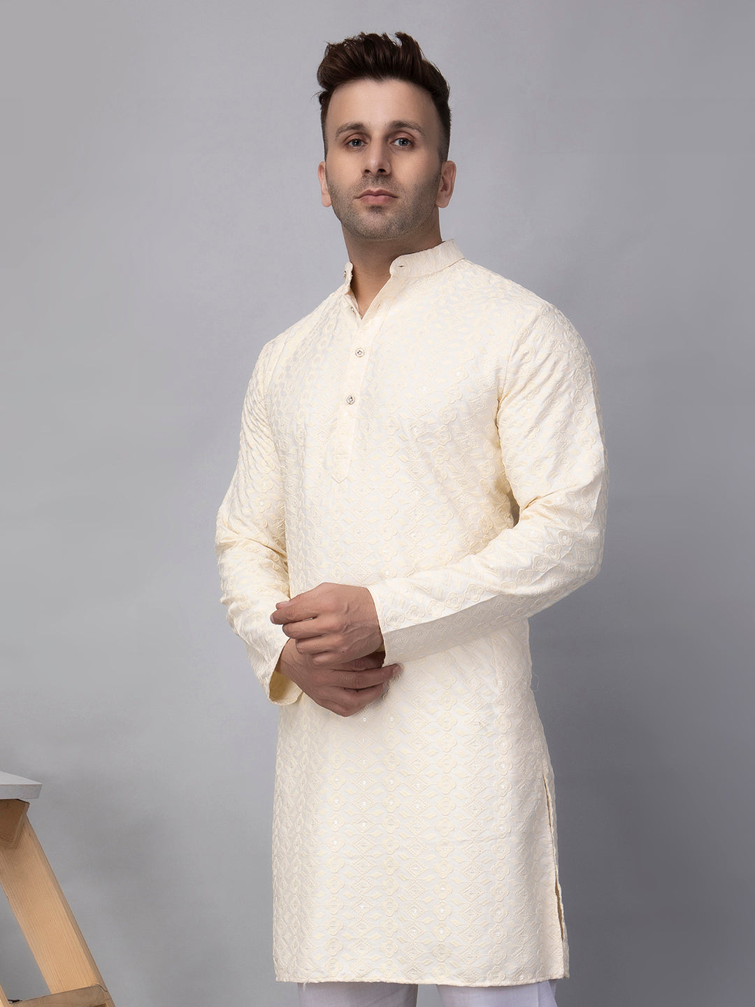 Hangup Men's Ethnic Embroidered off white Kurta