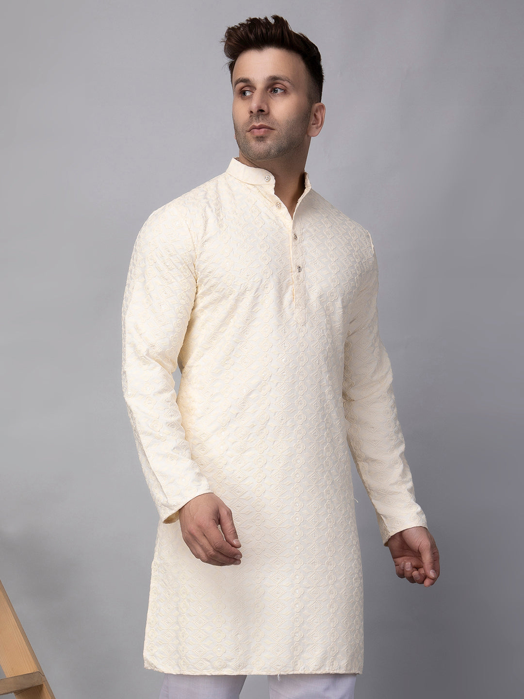 Hangup Men's Ethnic Embroidered off white Kurta