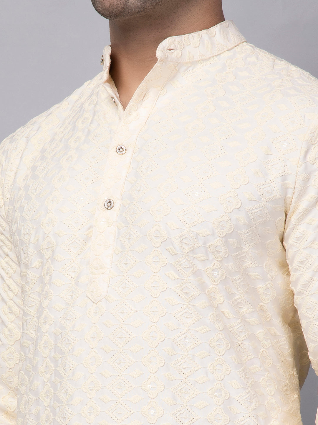 Hangup Men's Ethnic Embroidered off white Kurta