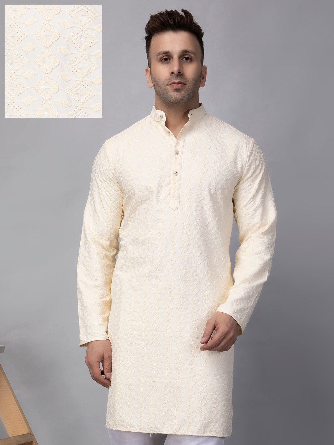 Hangup Men's Ethnic Embroidered off white Kurta