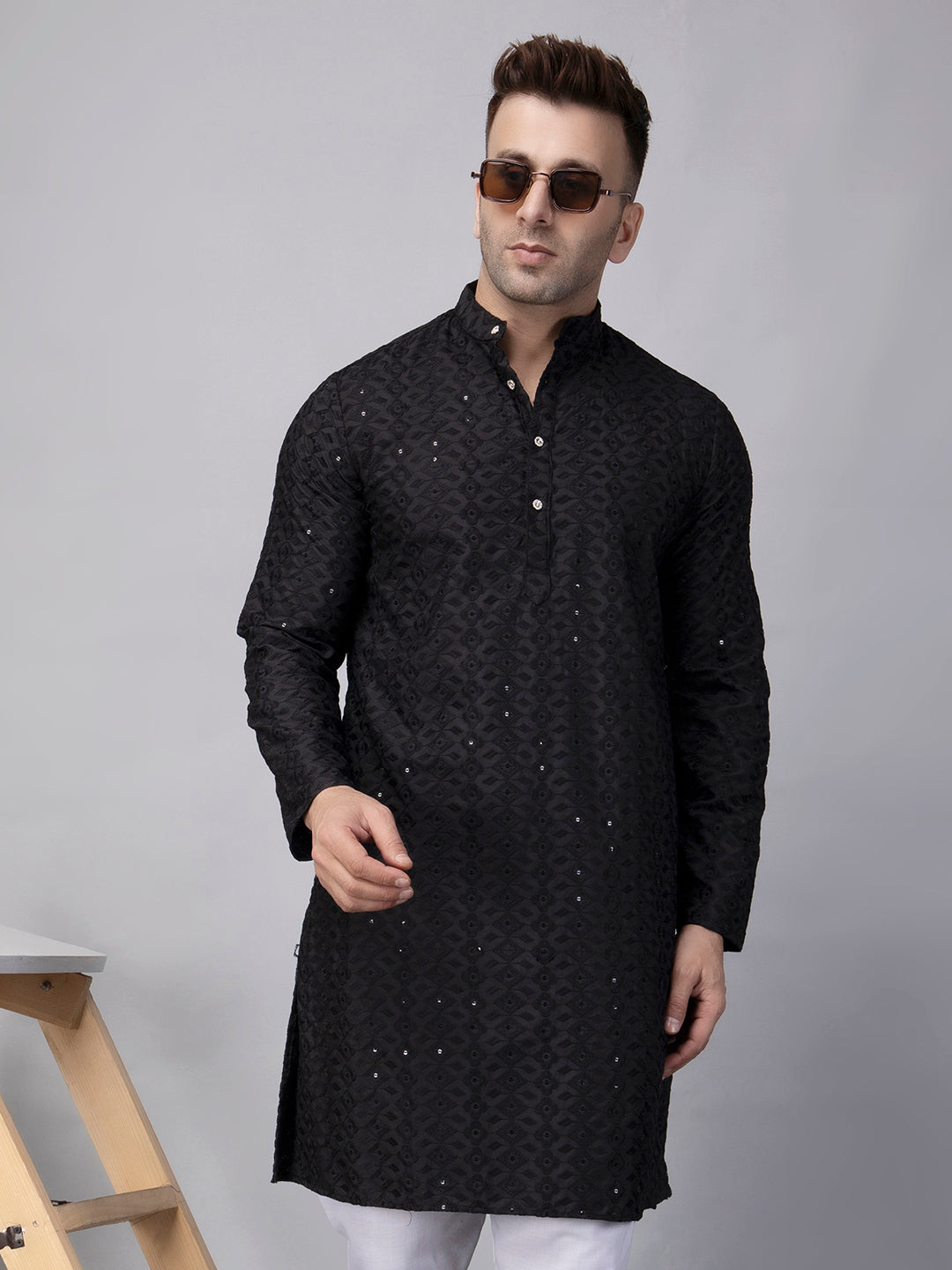 Hangup Men's Ethnic Embroidered black Kurta