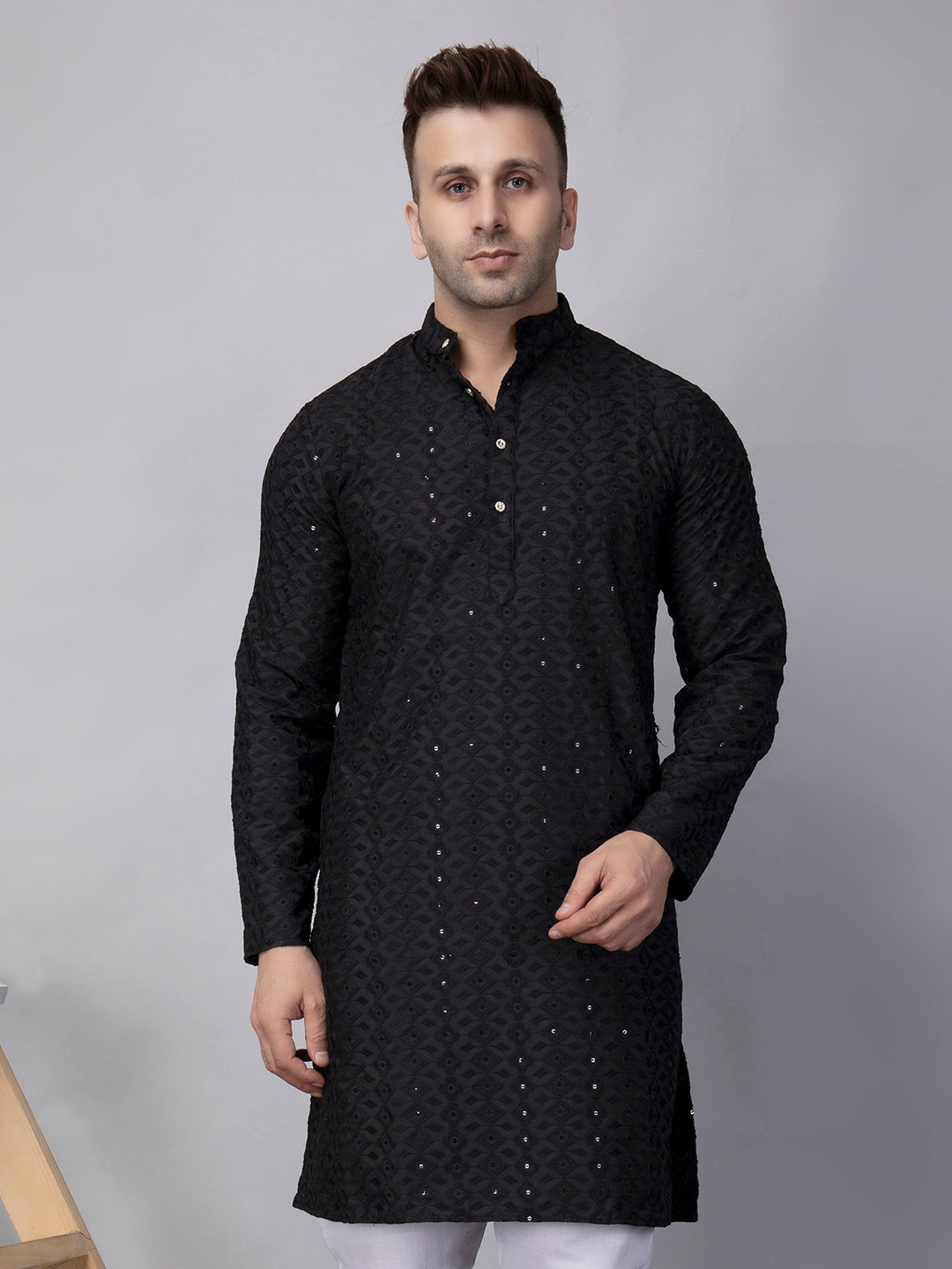 Hangup Men's Ethnic Embroidered black Kurta