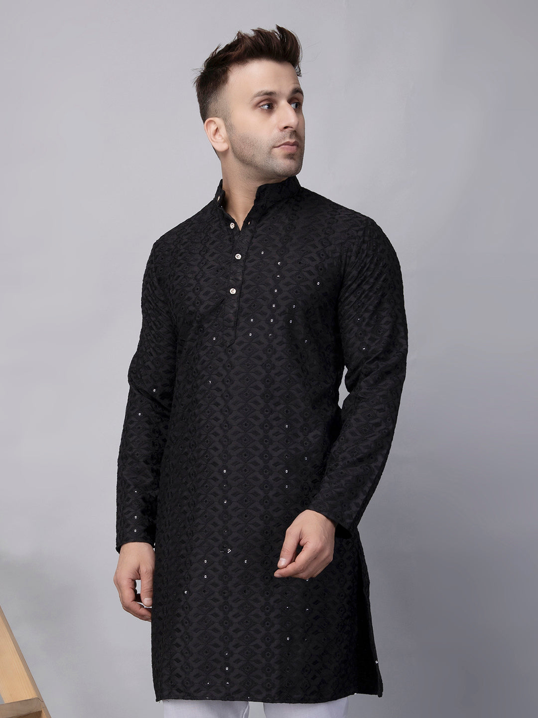 Hangup Men's Ethnic Embroidered black Kurta