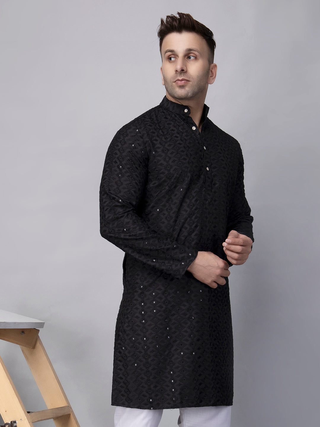 Hangup Men's Ethnic Embroidered black Kurta