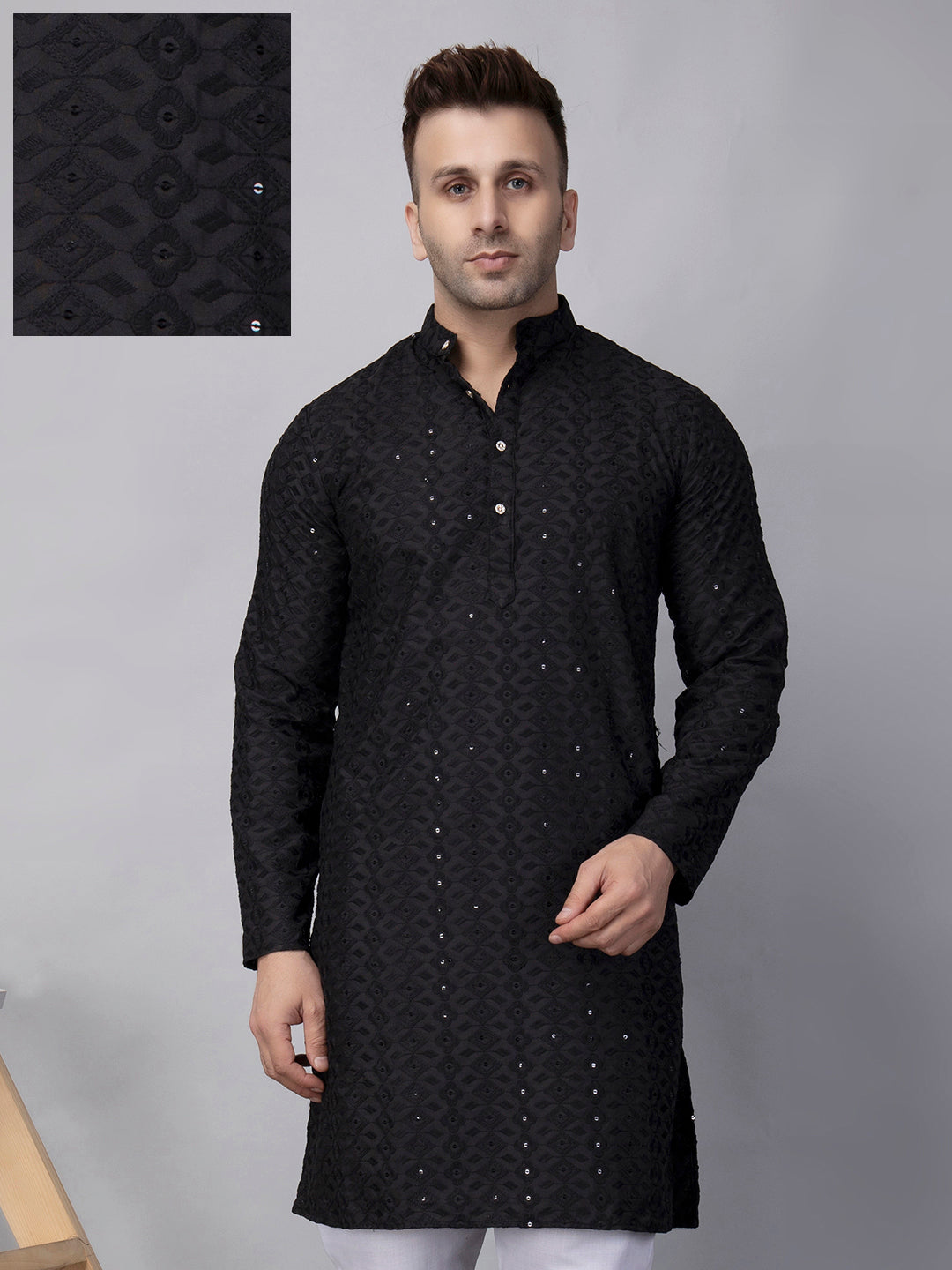 Hangup Men's Ethnic Embroidered black Kurta