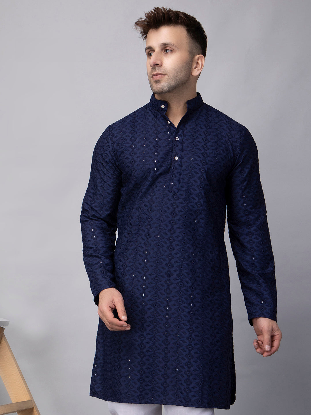 Hangup Men's Ethnic Embroidered navy blue Kurta