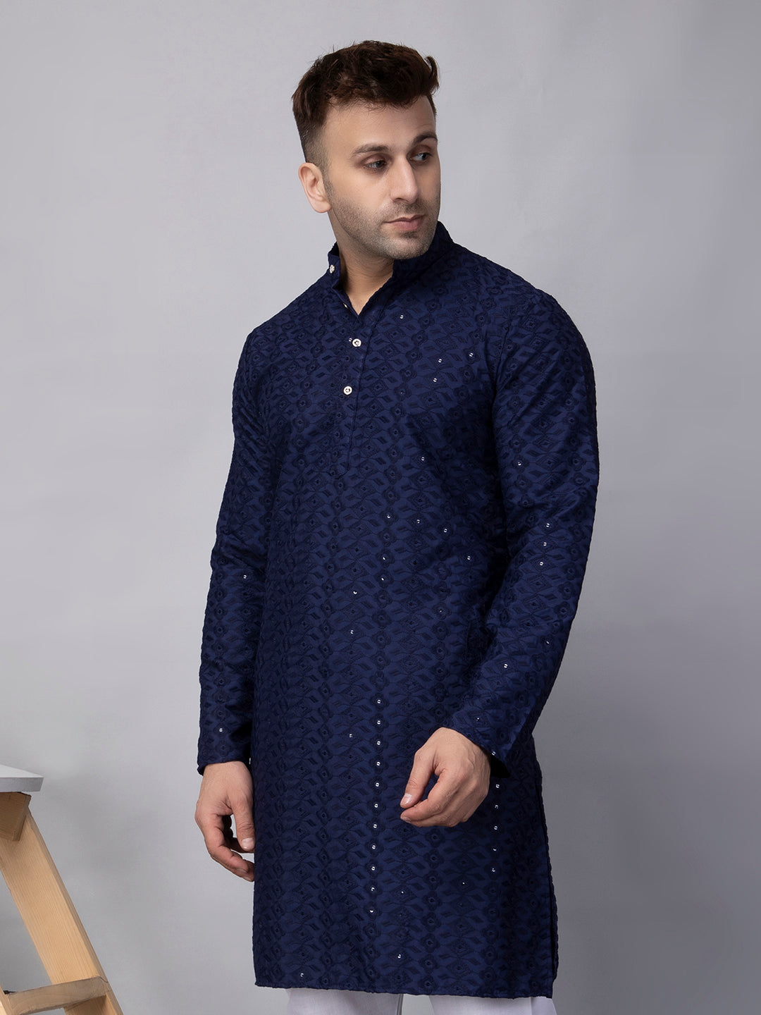 Hangup Men's Ethnic Embroidered navy blue Kurta