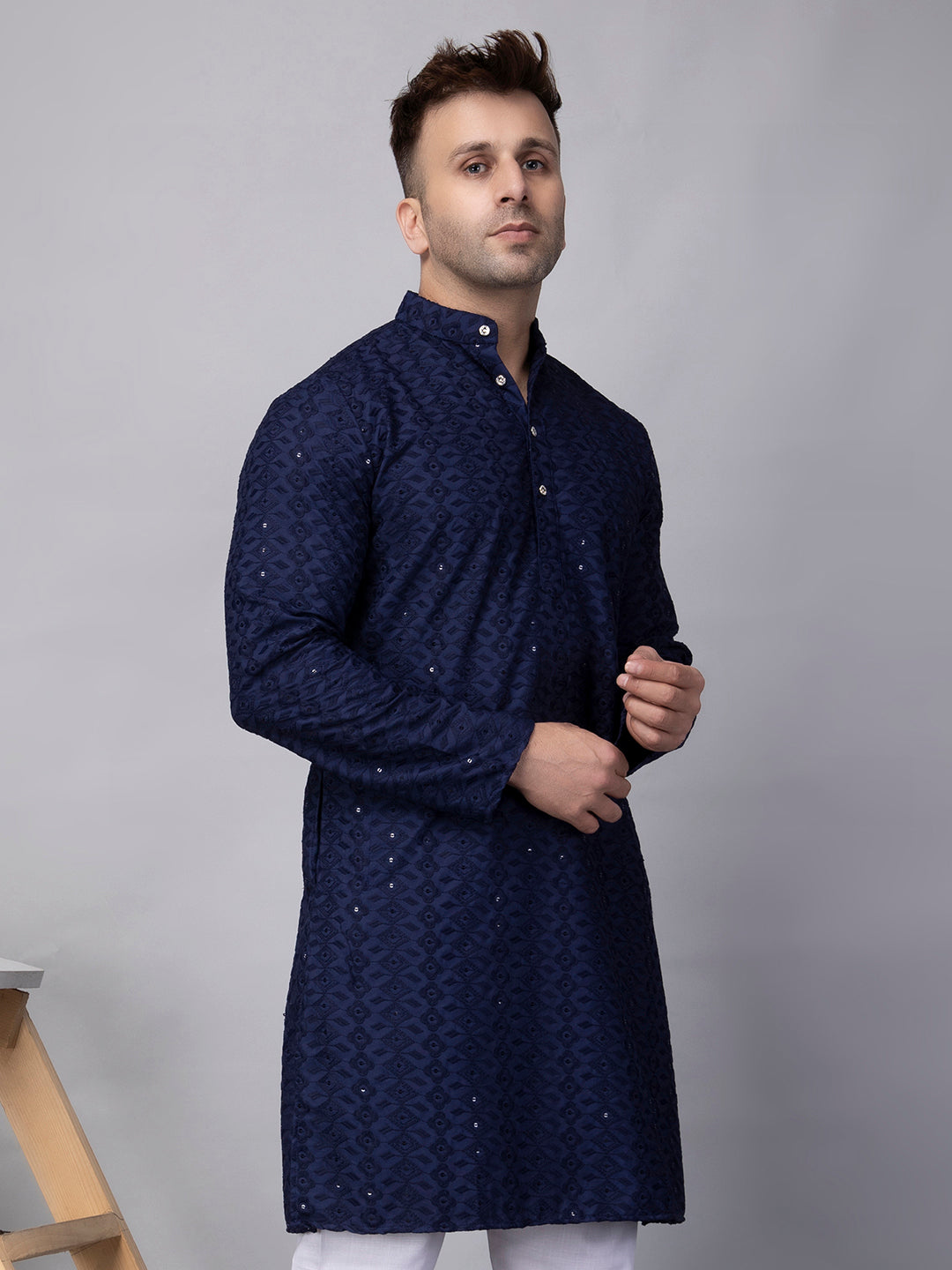 Hangup Men's Ethnic Embroidered navy blue Kurta