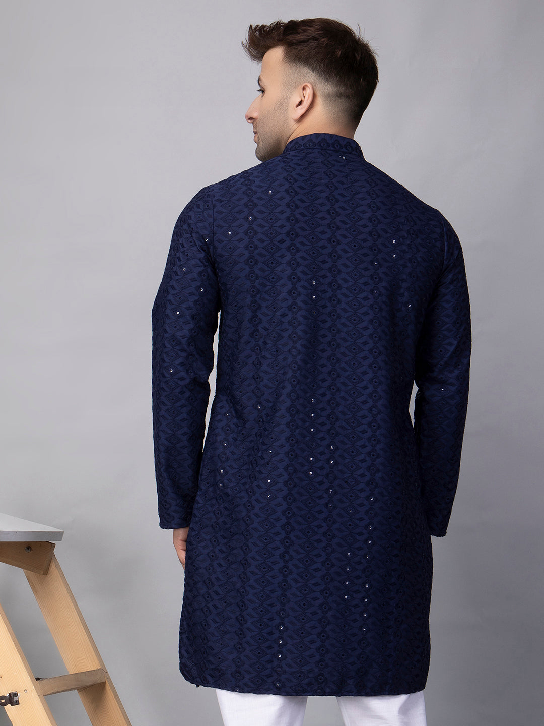 Hangup Men's Ethnic Embroidered navy blue Kurta