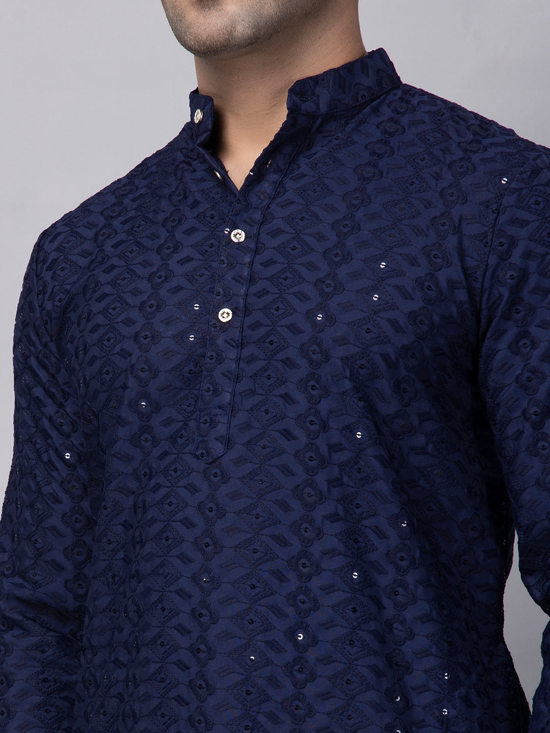 Hangup Men's Ethnic Embroidered navy blue Kurta