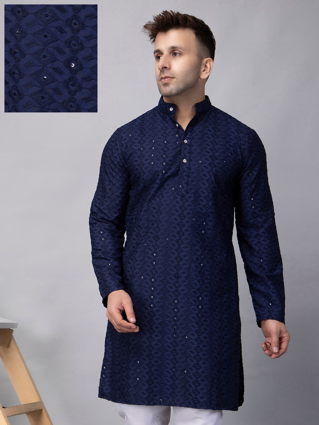 Hangup Men's Ethnic Embroidered navy blue Kurta