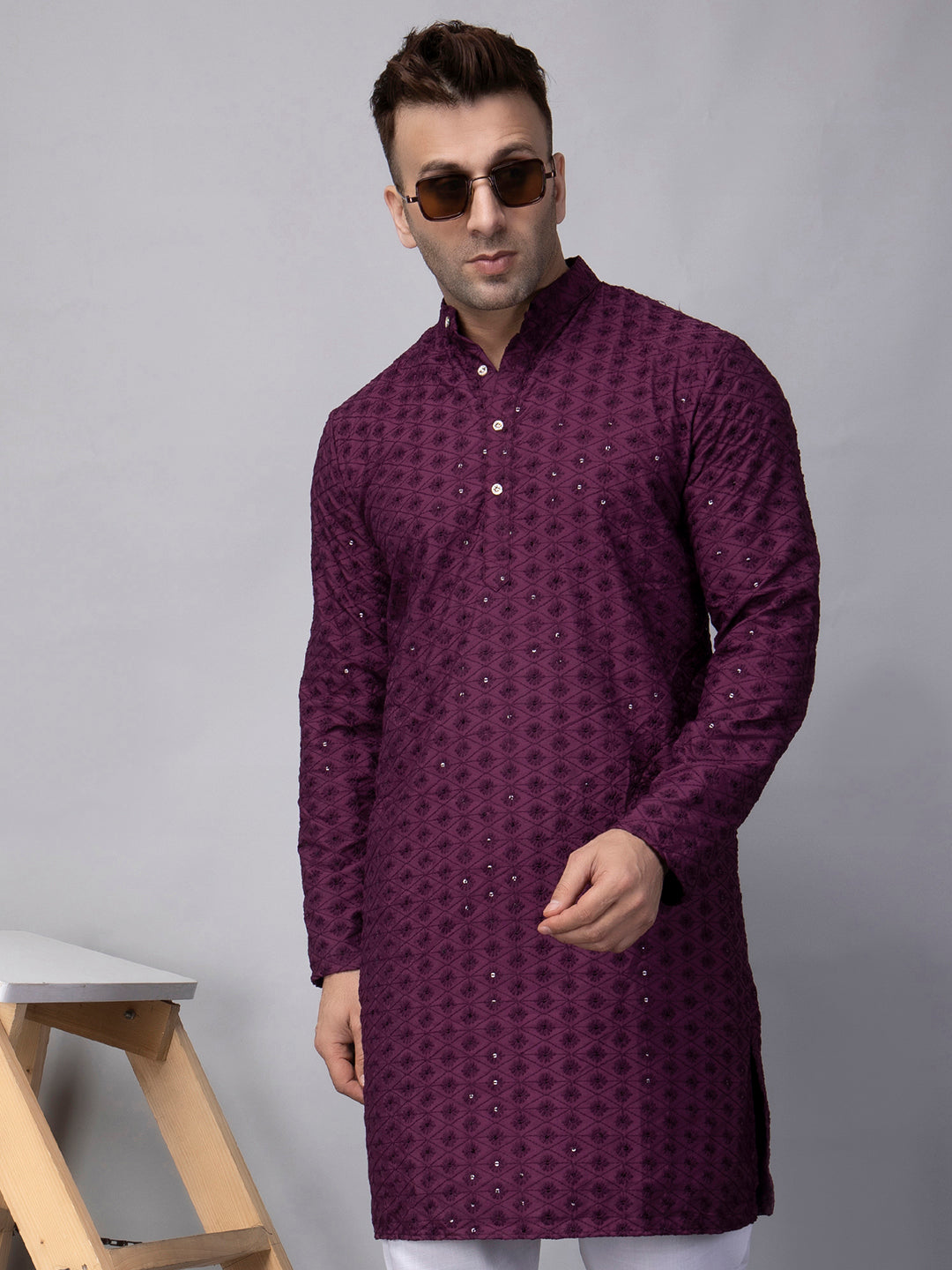 Hangup Men's Ethnic Embroidered purple Kurta