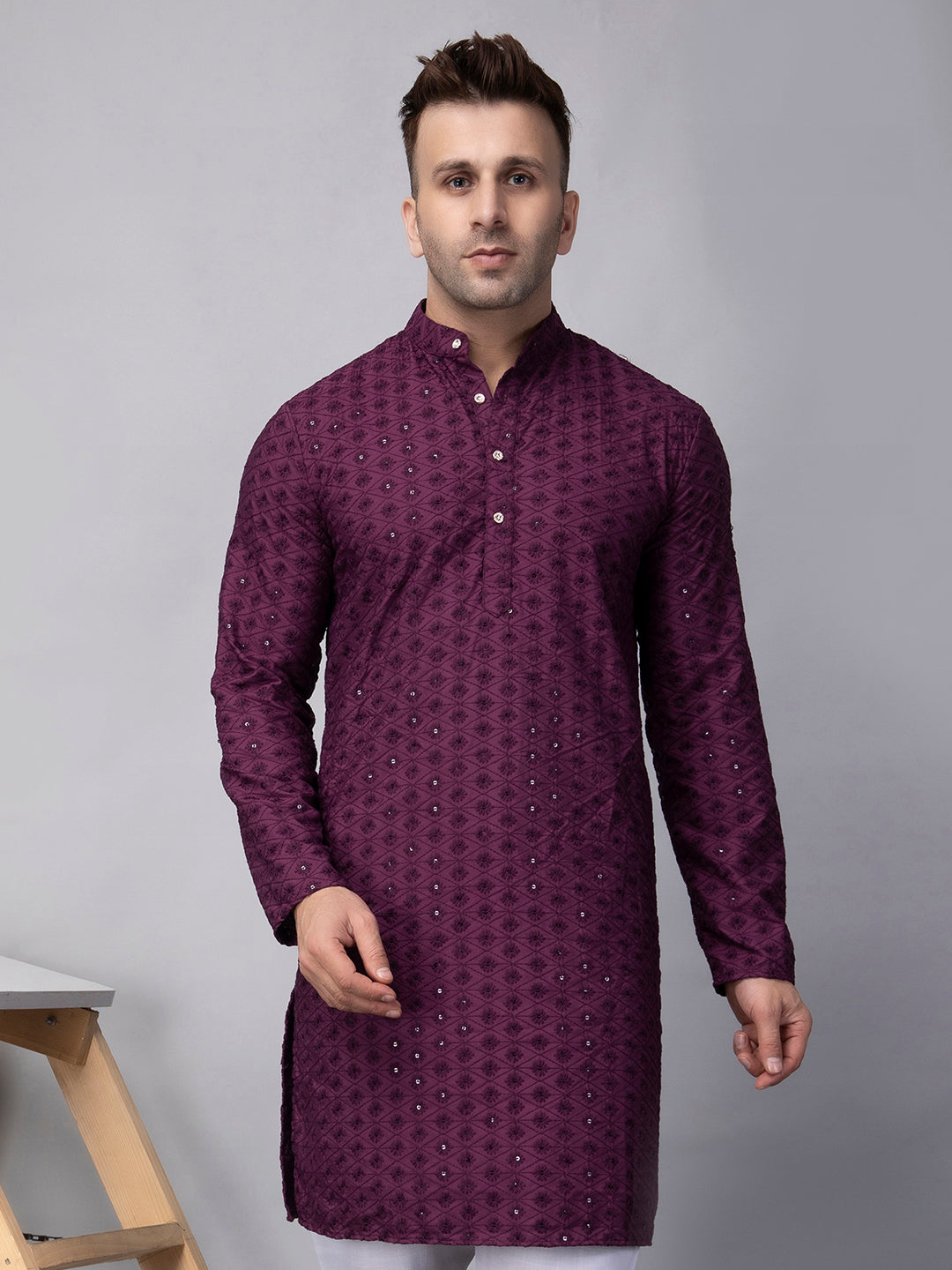 Hangup Men's Ethnic Embroidered purple Kurta