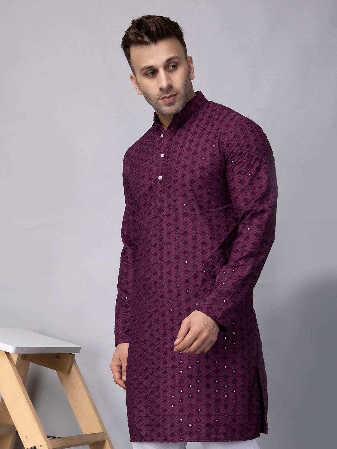 Hangup Men's Ethnic Embroidered purple Kurta