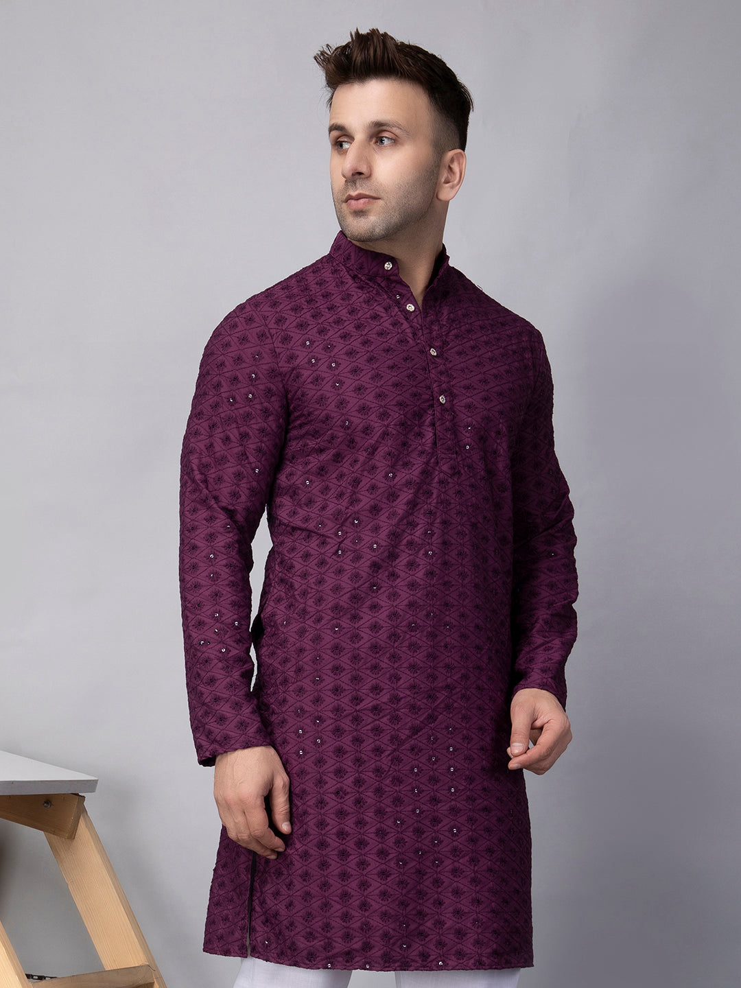 Hangup Men's Ethnic Embroidered purple Kurta