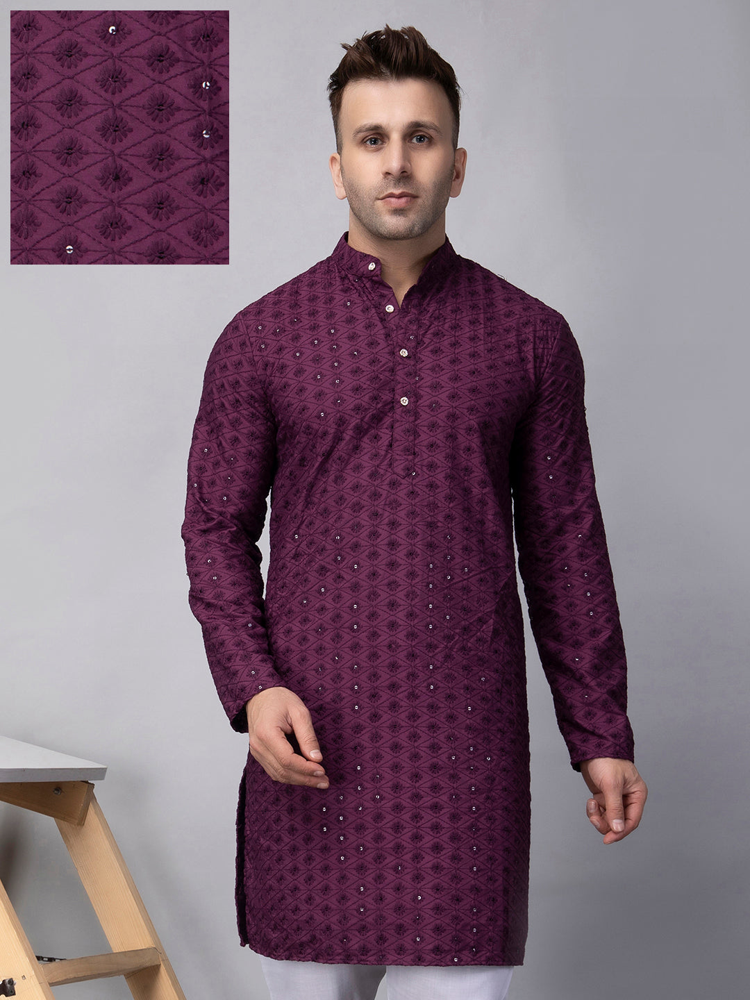 Hangup Men's Ethnic Embroidered purple Kurta