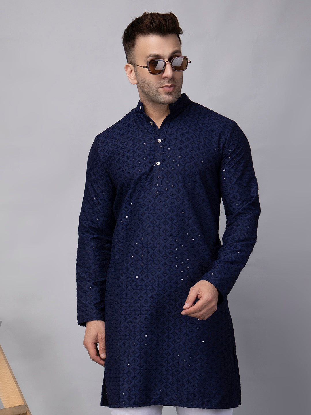 Hangup Men's Ethnic Embroidered navy blue Kurta