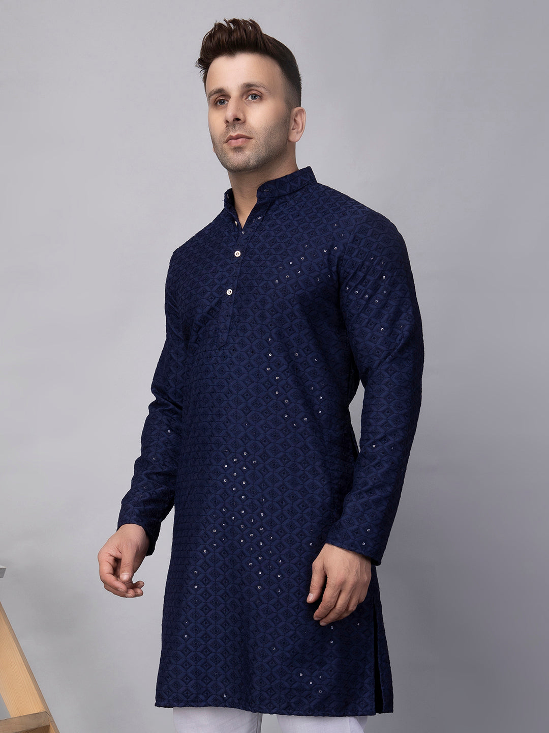 Hangup Men's Ethnic Embroidered navy blue Kurta