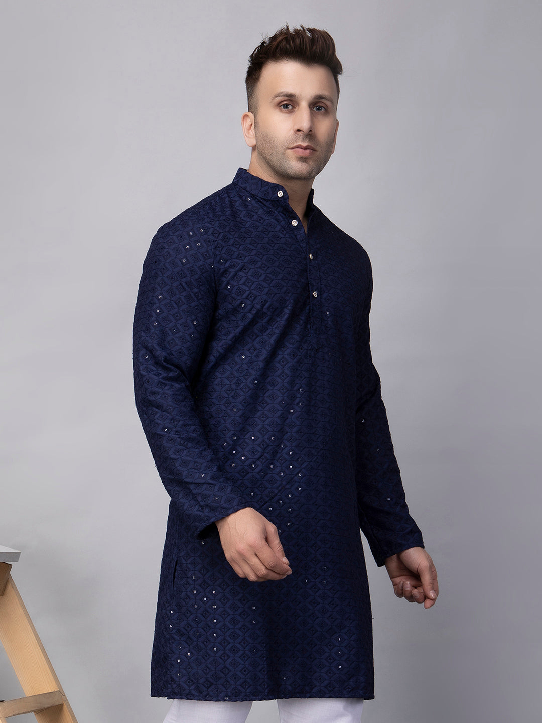 Hangup Men's Ethnic Embroidered navy blue Kurta