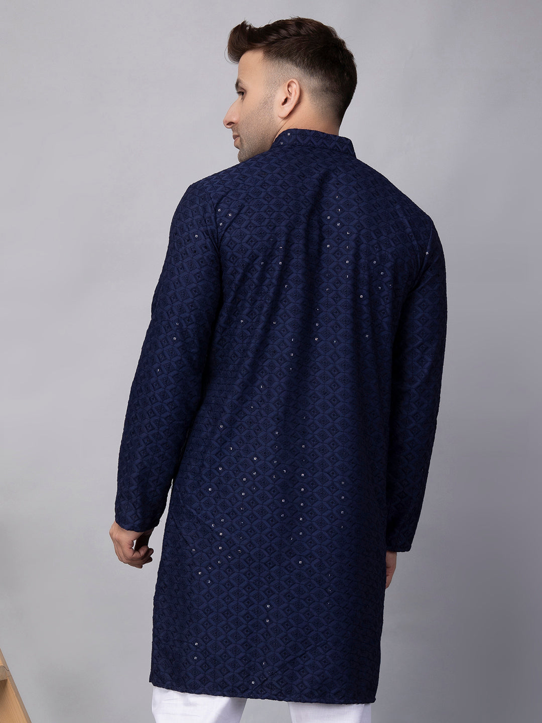 Hangup Men's Ethnic Embroidered navy blue Kurta