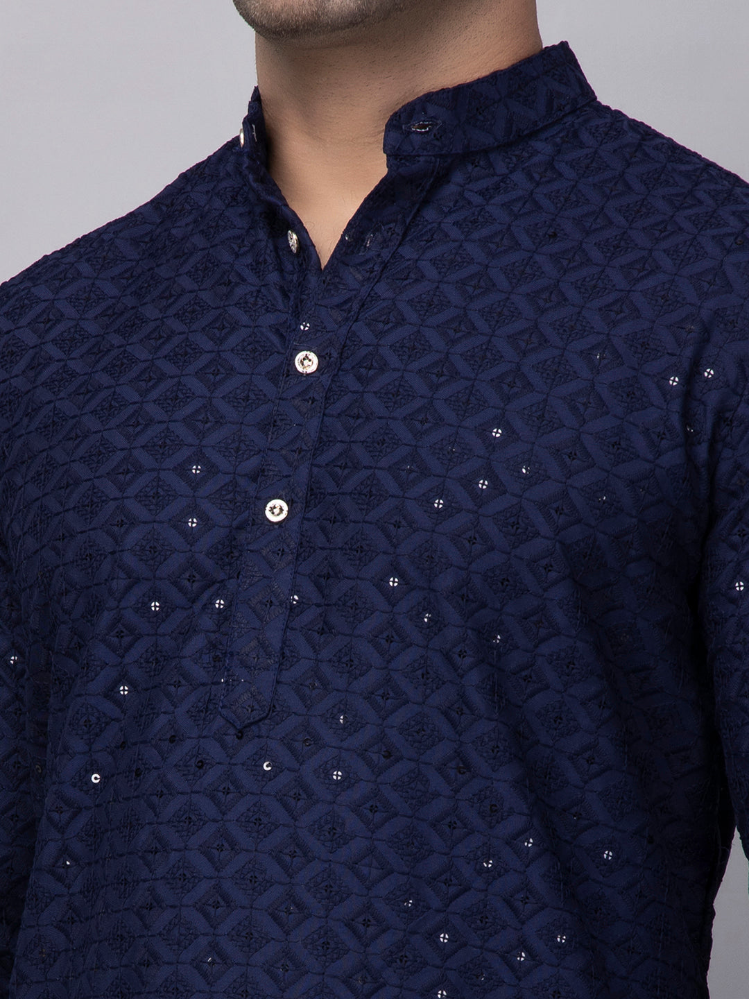 Hangup Men's Ethnic Embroidered navy blue Kurta