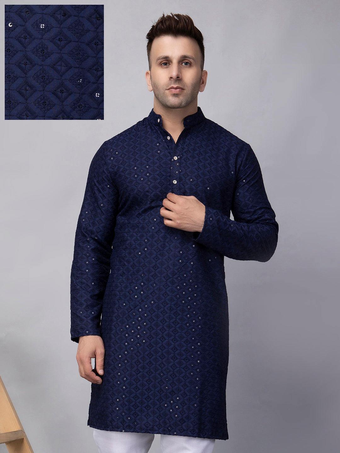 Hangup Men's Ethnic Embroidered navy blue Kurta