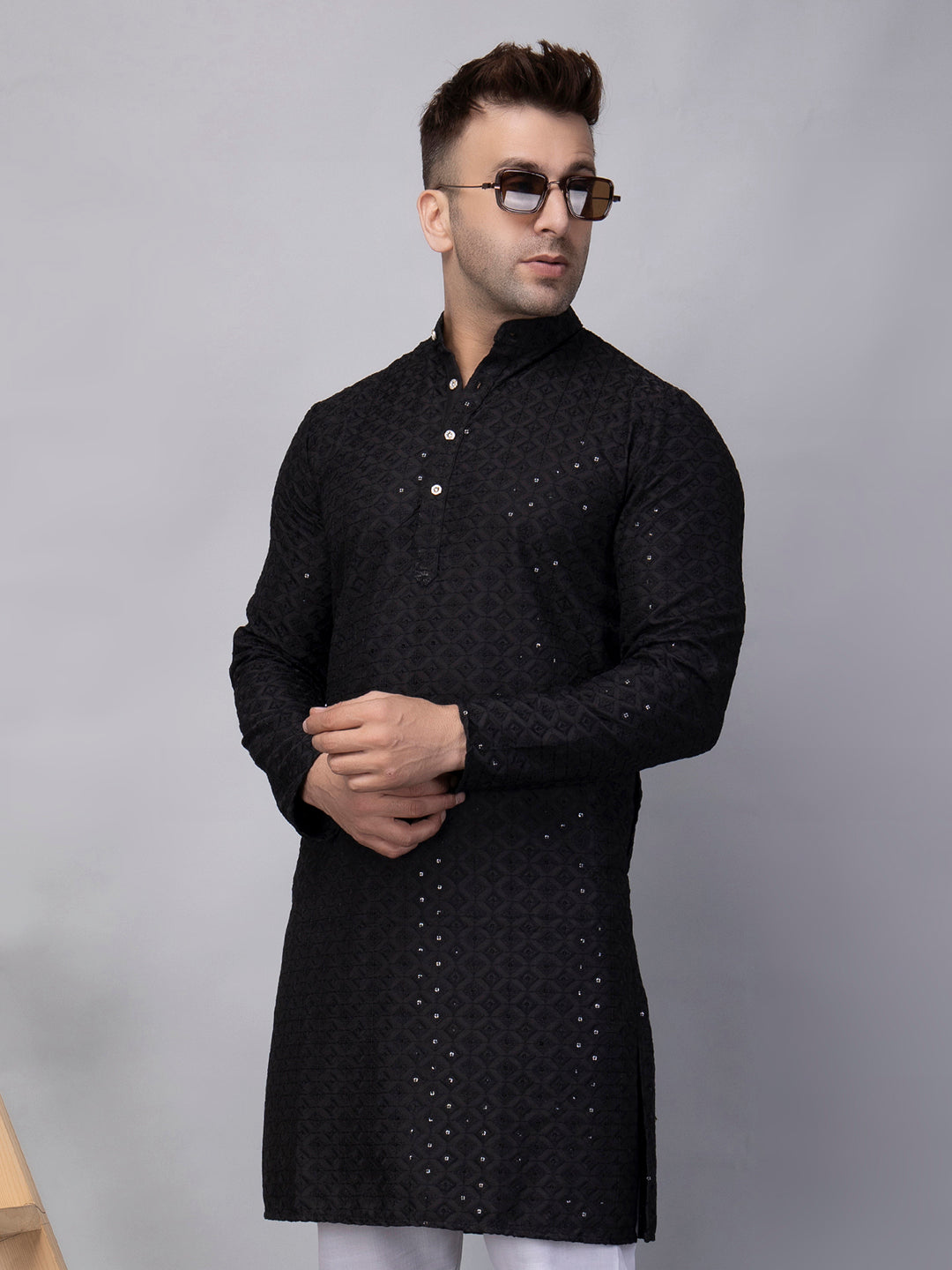 Hangup Men's Ethnic Embroidered black Kurta