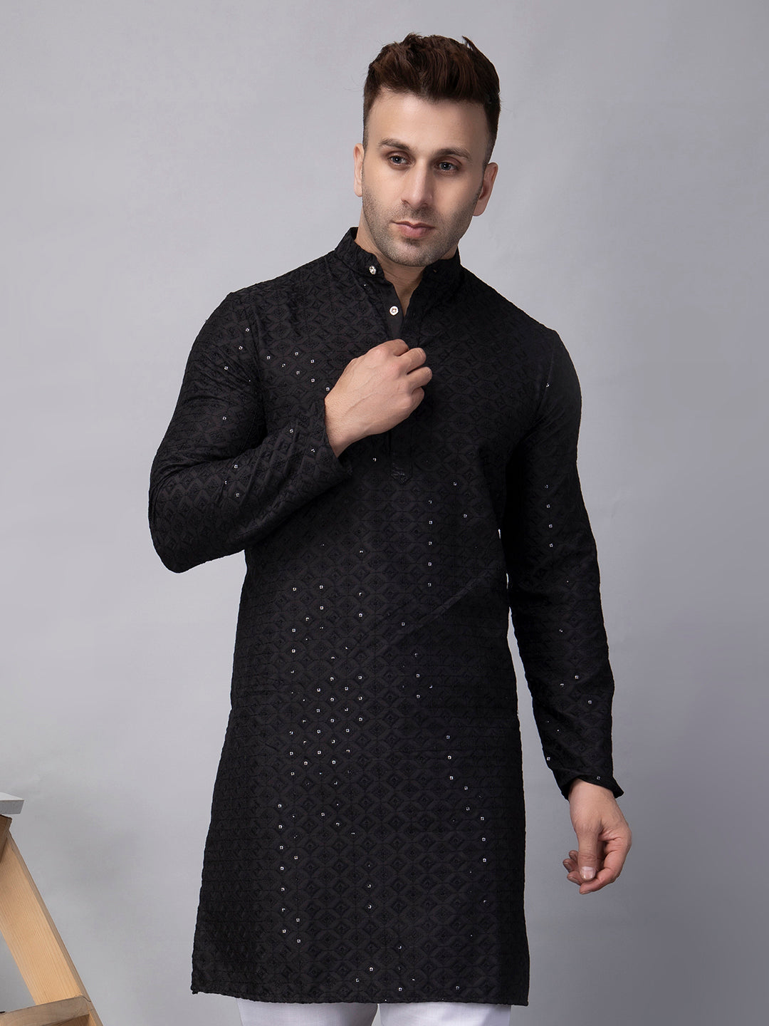 Hangup Men's Ethnic Embroidered black Kurta