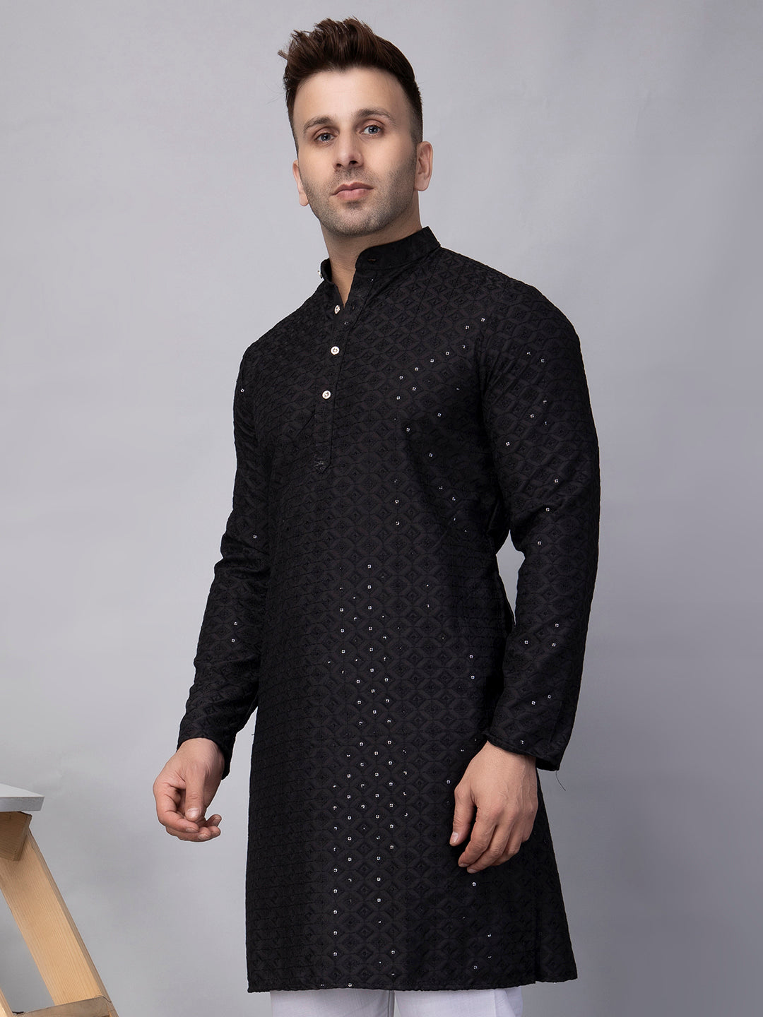 Hangup Men's Ethnic Embroidered black Kurta