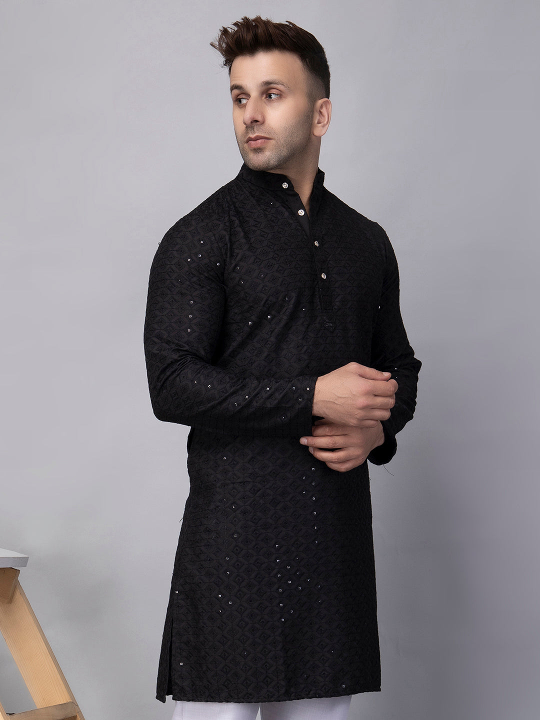 Hangup Men's Ethnic Embroidered black Kurta