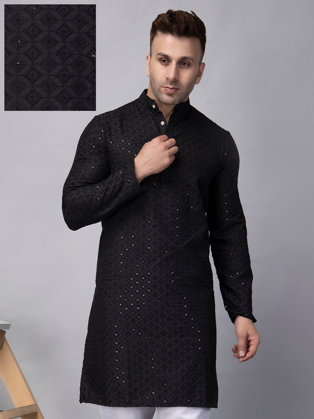 Hangup Men's Ethnic Embroidered black Kurta