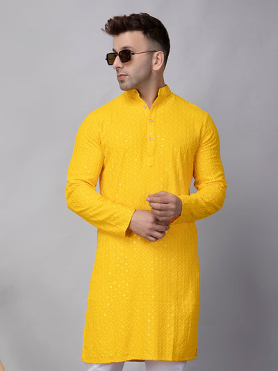 Hangup Men's Ethnic Embroidered Yellow Kurta