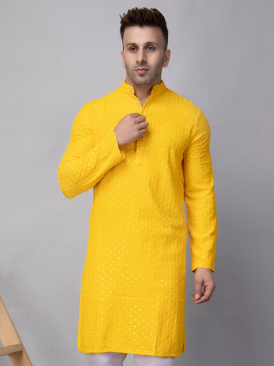 Hangup Men's Ethnic Embroidered Yellow Kurta