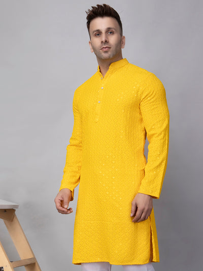 Hangup Men's Ethnic Embroidered Yellow Kurta