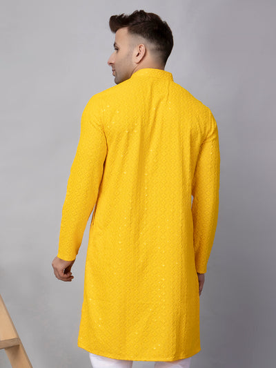 Hangup Men's Ethnic Embroidered Yellow Kurta