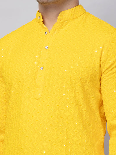 Hangup Men's Ethnic Embroidered Yellow Kurta