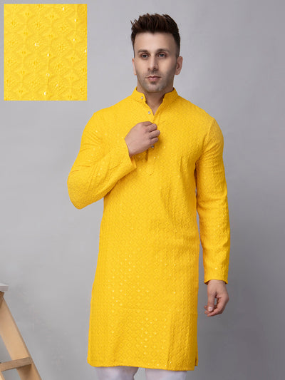 Hangup Men's Ethnic Embroidered Yellow Kurta