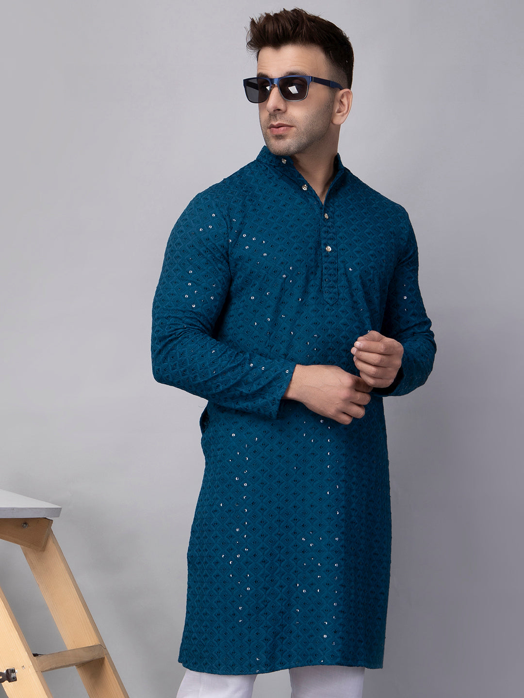 Hangup Men's Ethnic Embroidered Green Kurta