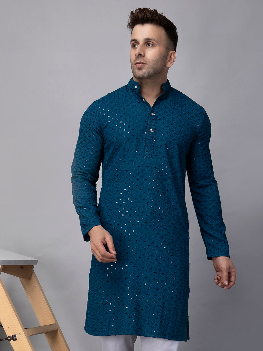 Hangup Men's Ethnic Embroidered Green Kurta