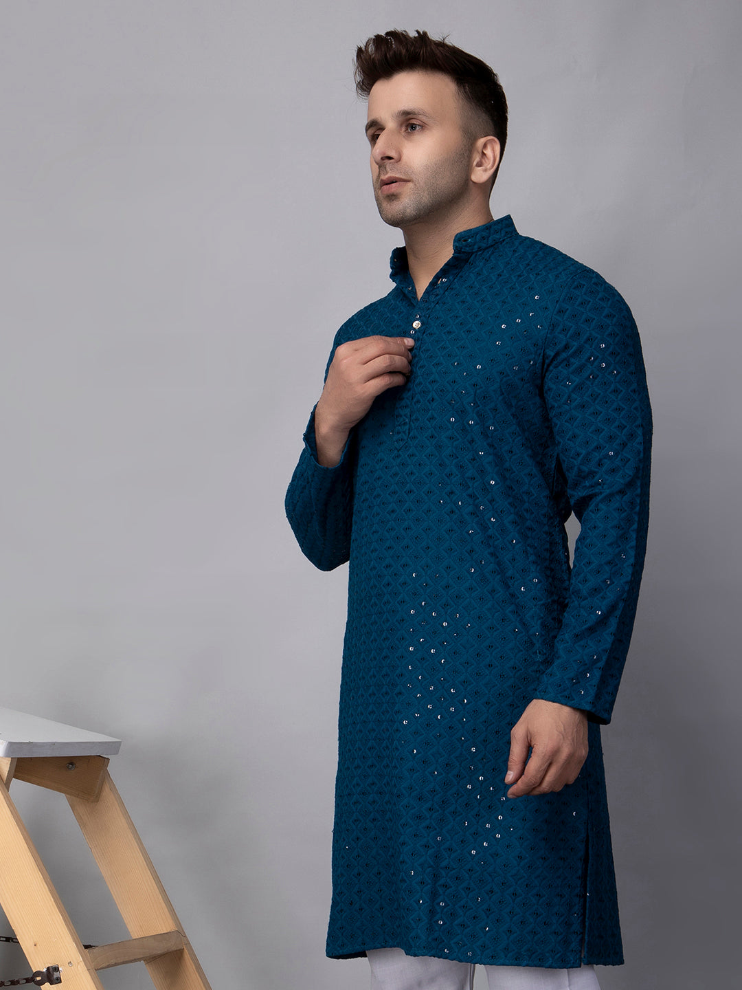 Hangup Men's Ethnic Embroidered Green Kurta