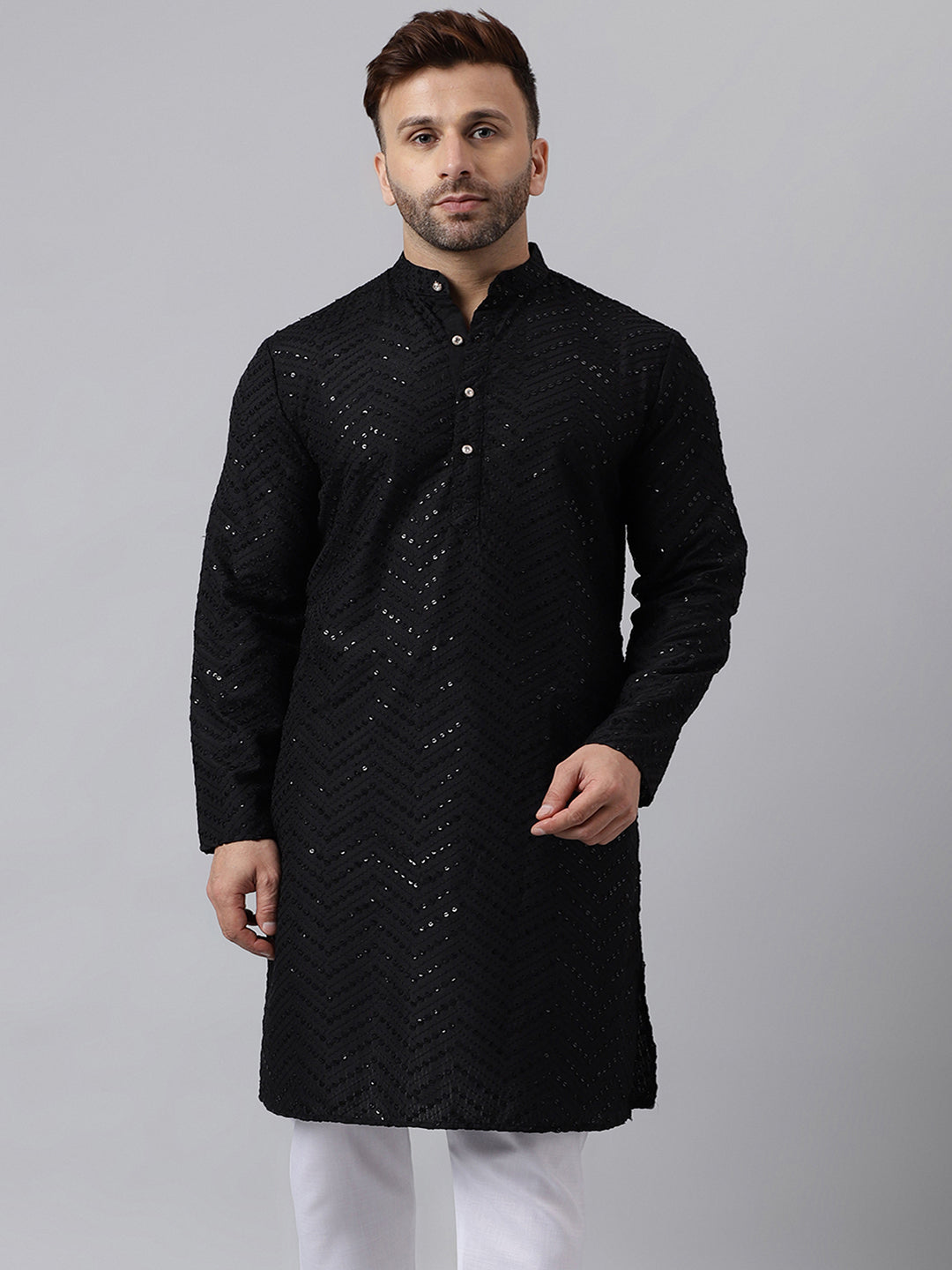 Hangup Men's Ethnic Embroidered Black Kurta