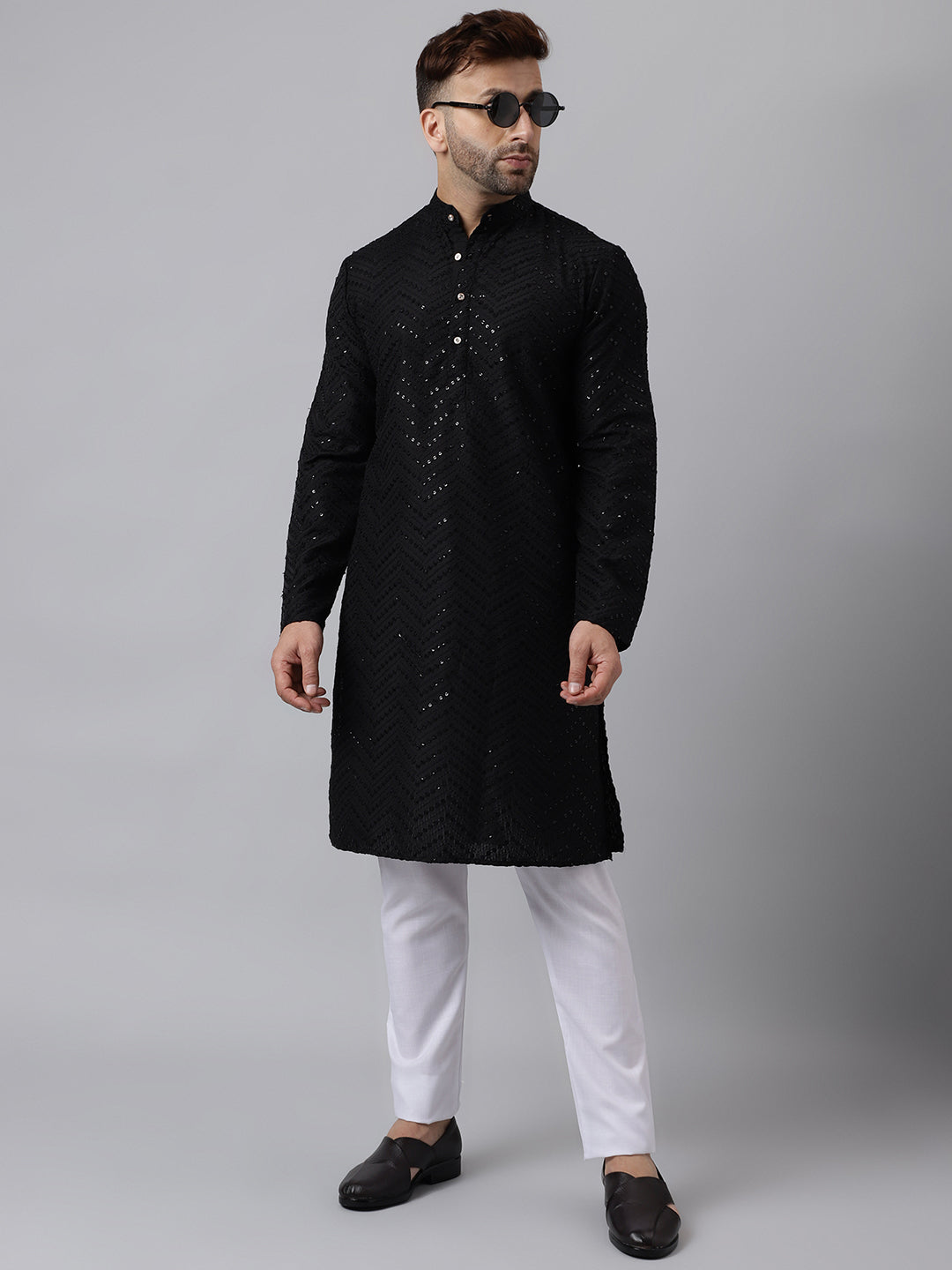 Hangup Men's Ethnic Embroidered Black Kurta