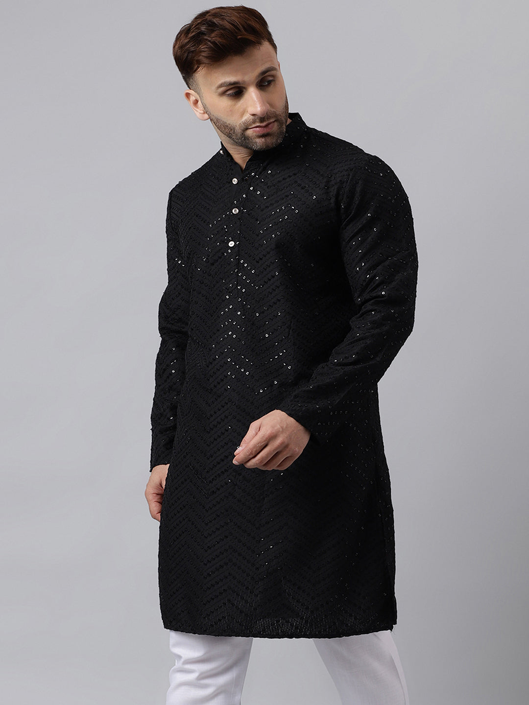 Hangup Men's Ethnic Embroidered Black Kurta