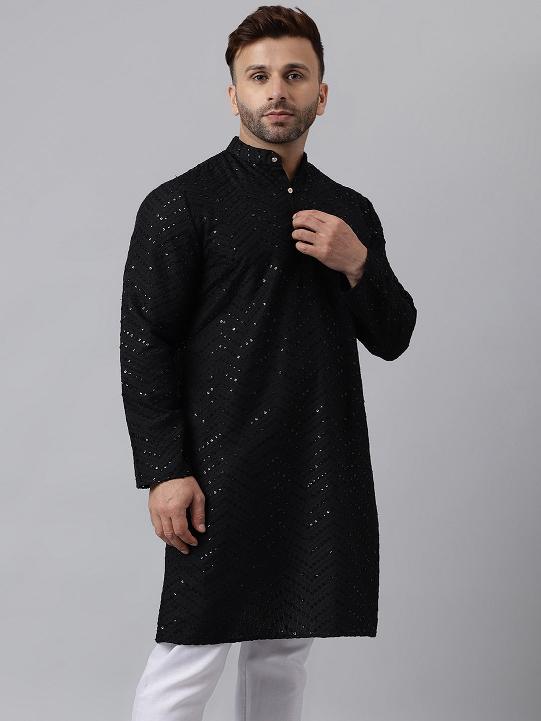 Hangup Men's Ethnic Embroidered Black Kurta