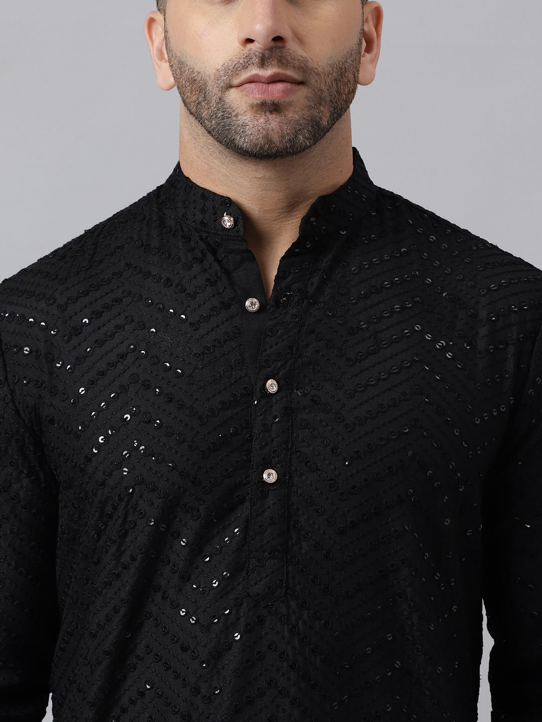 Hangup Men's Ethnic Embroidered Black Kurta